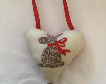 Bunny Heart Hanging Pillow, Hand Embroidered, Nursery Decor, Brown Rabbit With Red Bow,