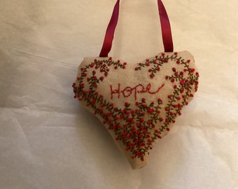 Hope Pillow/Ornament, Primitive, Hand Embroidered, Heart Pillow, Heart Ornament, Handmade