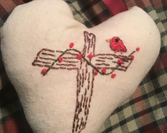 Hand Embroidered Brown Cross with Cardinal Heart Pillow, Door Hanging Pillow