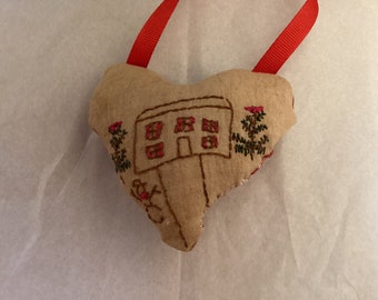 Hand Embroidered Winter Scene  Heart Ornament , Hanging Pillow