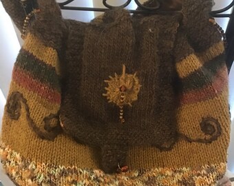 Boho Handknit Large Purse, Over the Shoulder, Earthtones