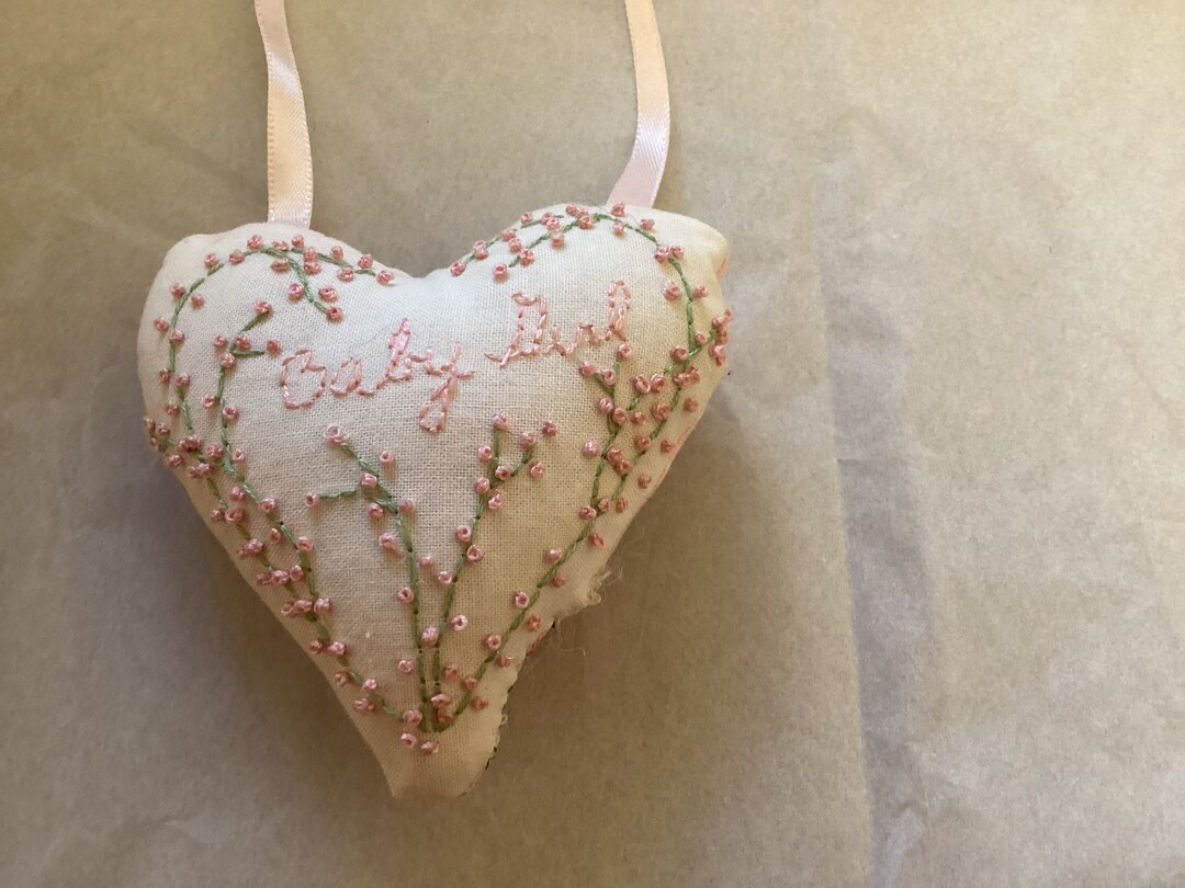Baby Girl Ornament, Hand Embroidered, Heart Ornament, Heart Pillow