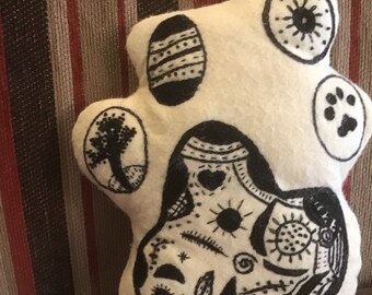 Dog Paw Hand Embroidered Pillow, Black on White Felt, One of a Kind