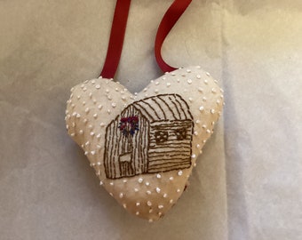 Barn Ornament/Pillow With Snow, Brown Barn, Hand Embroidered, Hand Drawn, Handmade