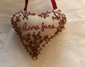 Custom Hand Embroidered Pillow, Personalized Ornament, Heart Shaped, Primitive Style, Hanging Pillow
