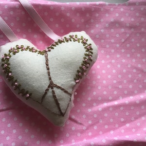 Peace Sign Heart Pillow, Pink Tree, Hand Embroidered, Door Hanging Pillow image 5