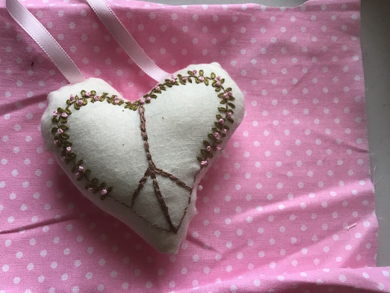 Peace Sign Heart Pillow, Pink Tree, Hand Embroidered, Door Hanging Pillow image 5