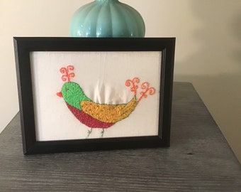 Hand Embroidered Whimsical Bird Art, Framed