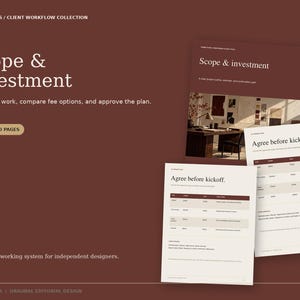 May include: A digital document template set titled Scope & Investment by Artifex Labs. The layout features a dark brown background with white text, including the headings Scope & Investment and Agree before kickoff, alongside tables for project details.