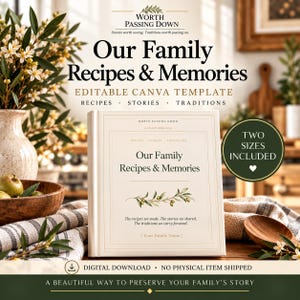 May include: A white book cover template titled Our Family Recipes & Memories with an olive branch illustration. The text includes Worth Passing Down, Stories worth saving. Traditions worth passing on, and The recipes we made. The stories we shared.