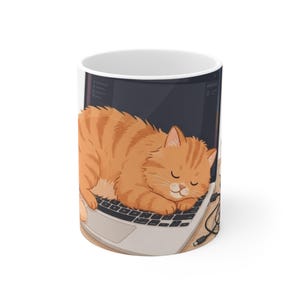 Programmer Mug, Cat Sleeping on Laptop Keyboard with Coffee Ceramic Cup, Software Developer Gift