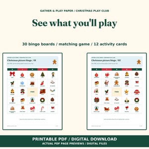 Op de afbeelding: Een printbare kerstbingo-set met 30 bingokaarten, een memoryspel en 12 activiteitenkaarten. Het document bevat twee voorbeeld-bingokaarten met feestelijke iconen zoals kerstballen, koekjes en kerstbomen, getiteld Christmas picture bingo.