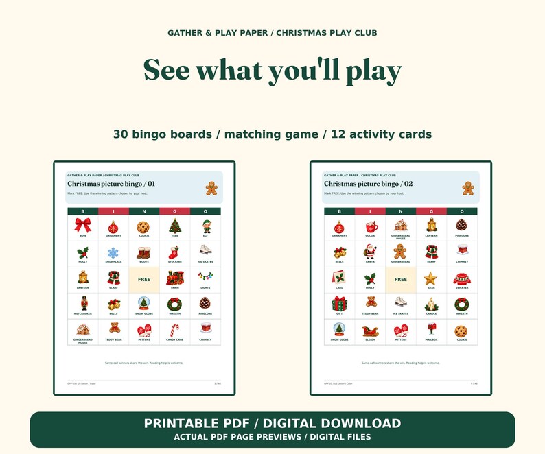 Op de afbeelding: Een printbare kerstbingo-set met 30 bingokaarten, een memoryspel en 12 activiteitenkaarten. Het document bevat twee voorbeeld-bingokaarten met feestelijke iconen zoals kerstballen, koekjes en kerstbomen, getiteld Christmas picture bingo.