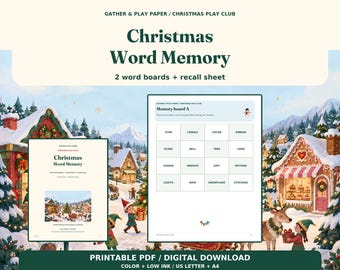 Op de afbeelding: Een kerst-woordgeheugenspel met twee woordborden en een herinneringsblad. De printbare PDF bevat de tekst Gather & Play Paper, Christmas Play Club, Christmas Word Memory, 2 word boards + recall sheet en Memory board A.