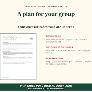 Op de afbeelding: Een digitaal document getiteld A plan for your group van Gather & Play Paper / Christmas Play Club. Het bevat printinstructies voor bingo, matching- en activiteitskaarten, inclusief paginanummers en begeleiding voor de gastheer.
