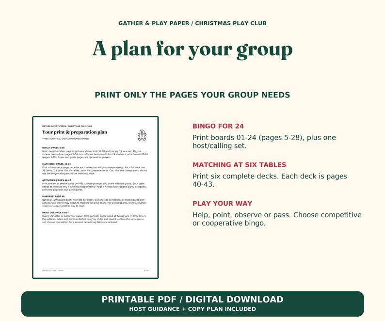 Op de afbeelding: Een digitaal document getiteld A plan for your group van Gather & Play Paper / Christmas Play Club. Het bevat printinstructies voor bingo, matching- en activiteitskaarten, inclusief paginanummers en begeleiding voor de gastheer.