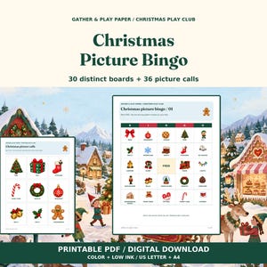 Op de afbeelding: Kerst-afbeeldingenbingo met 30 verschillende kaarten en 36 afbeeldingen om te roepen. De printbare PDF bevat een raster met feestelijke iconen zoals kerstballen, zuurstokken en peperkoekmannetjes tegen een besneeuwde achtergrond.