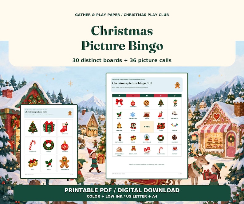 Op de afbeelding: Kerst-afbeeldingenbingo met 30 verschillende kaarten en 36 afbeeldingen om te roepen. De printbare PDF bevat een raster met feestelijke iconen zoals kerstballen, zuurstokken en peperkoekmannetjes tegen een besneeuwde achtergrond.