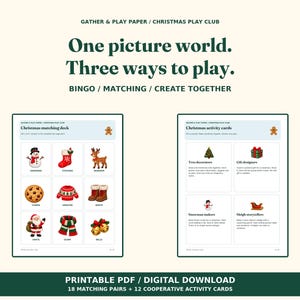 Op de afbeelding: Een printbare kerstactiviteitenset met een bijpassend kaartspel met negen vakantiepictogrammen zoals een sneeuwpop, kerstsok en rendier, plus co&ouml;peratieve activiteitenkaarten. Tekst: One picture world. Three ways to play.