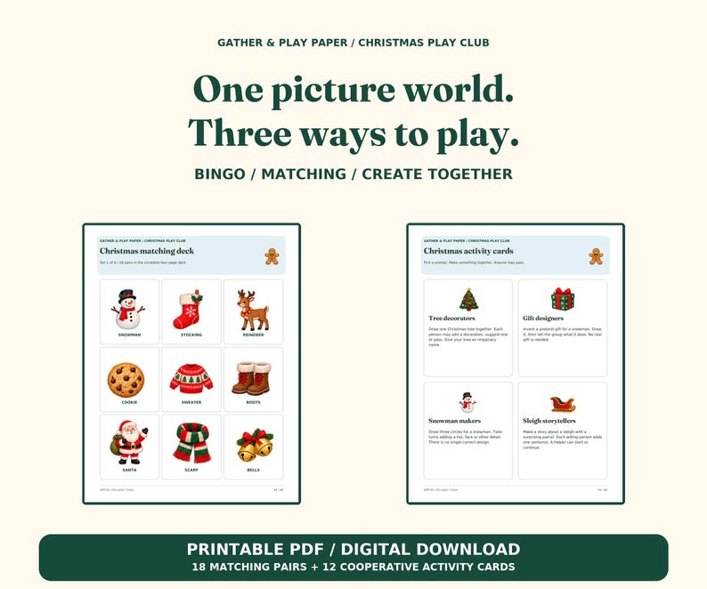 Op de afbeelding: Een printbare kerstactiviteitenset met een bijpassend kaartspel met negen vakantiepictogrammen zoals een sneeuwpop, kerstsok en rendier, plus co&ouml;peratieve activiteitenkaarten. Tekst: One picture world. Three ways to play.