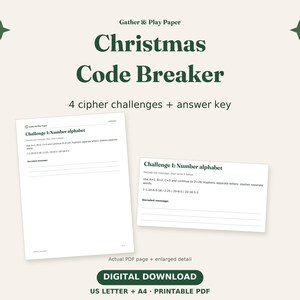 Christmas Code Breaker Printable, Four Cipher Puzzles with Answers, Letter and A4 PDFs