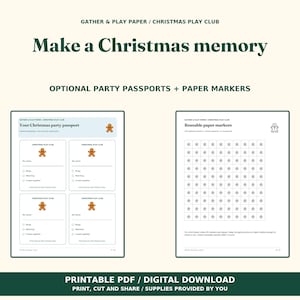 Op de afbeelding: Een printbare PDF digitale download getiteld Make a Christmas memory, met Christmas Play Club feestpaspoorten en herbruikbare papieren markers met sterpictogrammen en peperkoekmannetjes op een lichte achtergrond.