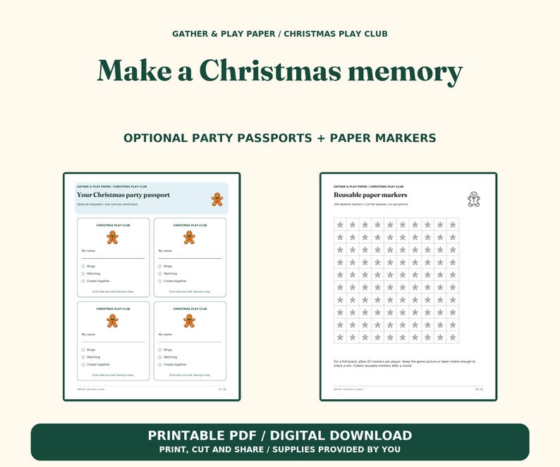 Op de afbeelding: Een printbare PDF digitale download getiteld Make a Christmas memory, met Christmas Play Club feestpaspoorten en herbruikbare papieren markers met sterpictogrammen en peperkoekmannetjes op een lichte achtergrond.