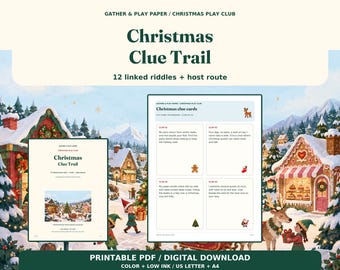 Op de afbeelding: Een printbaar kerst-speurtochtspel met 12 gekoppelde raadsels en een route voor de gastheer. Het document bevat een titelpagina en een pagina met aanwijzingskaarten met feestelijke illustraties als digitale PDF-download.