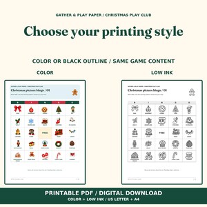 Op de afbeelding: Een printbaar kerst-bingospel met afbeeldingen in twee versies: een raster in kleur en een zwart-wit raster met weinig inkt. Beide vellen bevatten de tekst Gather & Play Paper / Christmas Play Club en Christmas picture bingo / 01.