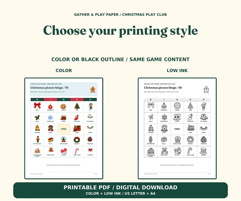 Op de afbeelding: Een printbaar kerst-bingospel met afbeeldingen in twee versies: een raster in kleur en een zwart-wit raster met weinig inkt. Beide vellen bevatten de tekst Gather & Play Paper / Christmas Play Club en Christmas picture bingo / 01.