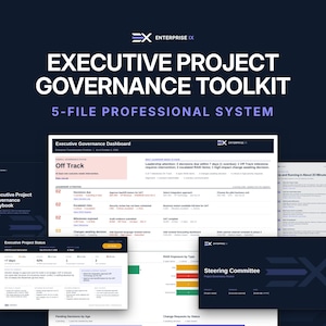 Könnte beinhalten: Das Executive Project Governance Toolkit ist ein professionelles 5-Dateien-System mit einem Executive Governance Dashboard, einem Projekt-Playbook und Statusberichten. Die Dokumente zeigen Datenvisualisierungen, Projektstatus und Diagramme.