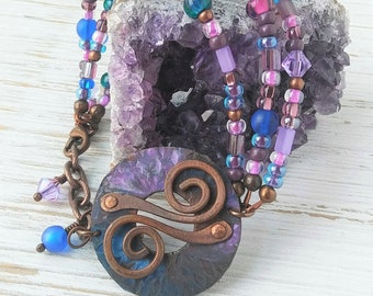 Copper Bracelet, Copper Jewelry, Multistrand Bracelet, Purple Beaded Bracelet