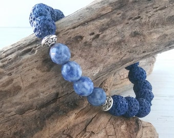 Sodalite Gemstone Healing Bracelet, Lava Rock Stone Aromatherapy Bracelet, Essential Oil Diffuser Jewelry