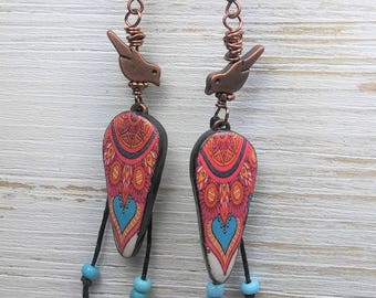 Boho Mandala Dangle Earrings: Copper Bird, Polymer Clay