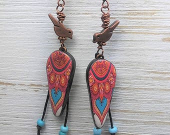 Polymer Clay Boho Earrings, Bohemian Mandala Drop Earrings