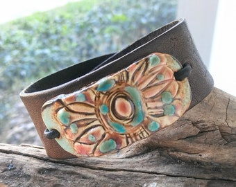 Rustic Flower Bracelet, Southwestern Style Floral Bracelet, Boho Ceramic Flower Bracelet Bar