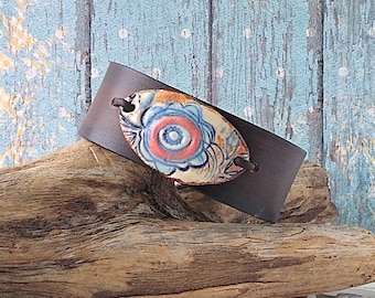 Rustic Flower Bracelet, Flower Jewelry, Leather Wristband, Ceramic Bracelet Bar, Boho Jewelry