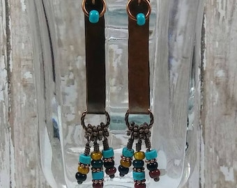 Southwestern Copper Bar Earrings with Turquoise and Multi-Color Beads, Rustic Dangle Jewelry