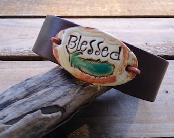 Leather Bracelet: Artisan Ceramic "Blessed" Feather Jewelry