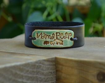 Mama Bear Ceramic Bracelet, Leather Wristband, Mom Gift