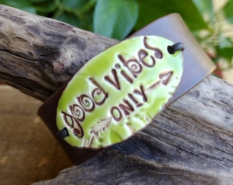Good Vibes Only Bracelet: Handcrafted Ceramic & Leather Boho Jewelry