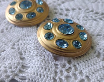 Vintage Gold Tone Blue Rhinestone Statement Earrings | Domed Clip-On  Accessory