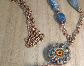 One-of-a-kind Genuine Sodalite & Ceramic Necklace with Leather Tassel