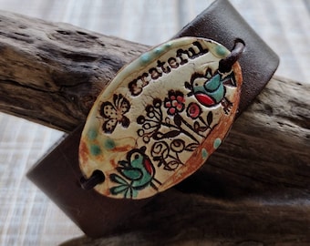 Handcrafted Grateful Bracelet, Bluebird Ceramic, Leather Wristband