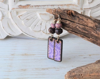 Handmade Boho Wood Earrings, Purple Mandala Dangles, Artistic Jewelry, Lightweight Bohemian Earrings