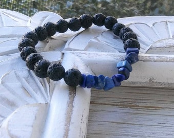 Lapis Lazuli Bracelet, Raw Gemstone Lava Stone Diffuser Jewelry, Essential Oil Lava Rock Diffuser Bracelet, Aromatherapy Jewelry