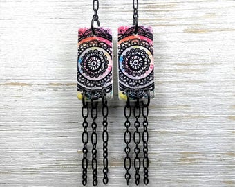 Boho Polymer Clay Earrings • Mandala Earrings with Black Chains • Festival Jewelry