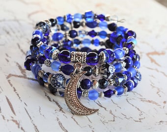 Crescent Moon Charm Bracelet: Blue Beaded Memory Wire Jewelry