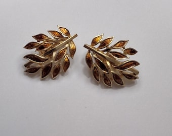 Rare Alfred Philippe Crown Trifari Enamel Leaf Earrings • 1950s–60s Autumn Design • Gold Tone Clip On • Vintage Costume Jewelry