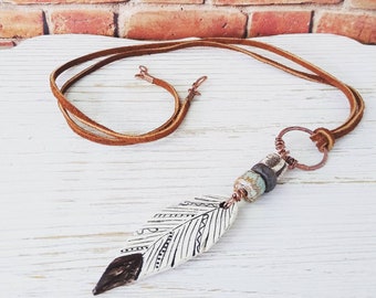 Feather Necklace, Long Rustic Necklace, Handmade Polymer Clay Boho Leather Necklace